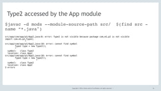 Copyright © 2016, Oracle and/or its affiliates. All rights reserved. | 16
$javac -d mods --module-source-path src/ $(find src -
name “*.java")
src/app/com/app/p1/App2.java:8: error: Type2 is not visible because package com.m1.p2 is not visible
import com.m1.p2.Type2;
^
src/app/com/app/p1/App2.java:18: error: cannot find symbol
Type2 type = new Type2();
^
symbol: class Type2
location: class App2
src/app/com/app/p1/App2.java:18: error: cannot find symbol
Type2 type = new Type2();
^
symbol: class Type2
location: class App2
3 errors
Type2 accessed by the App module
 