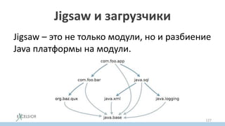 Jigsaw и загрузчики
Jigsaw – это не только модули, но и разбиение
Java платформы на модули.
127
 