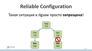 Reliable Configuration
Такая ситуация в Jigsaw просто запрещена!
App
1.0
Foo
2.0
Bar
3.0
Baz
2.1
Baz
3.1
139
 
