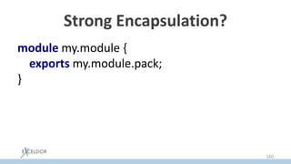 Strong Encapsulation?
module my.module {
exports my.module.pack;
}
160
 
