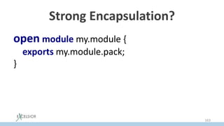 Strong Encapsulation?
open module my.module {
exports my.module.pack;
}
163
 