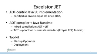 Excelsior JET?
• AOT-centric Java SE implementation
– certified as Java Compatible since 2005
• AOT compiler + Java Runtime
– mixed compilation: AOT + JIT
– AOT support for custom classloaders (Eclipse RCP, Tomcat)
• Toolkit
– Startup Optimizer
– Deployment
11
 