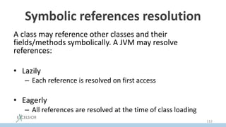 Symbolic references resolution
A class may reference other classes and their
fields/methods symbolically. A JVM may resolve
references:
• Lazily
– Each reference is resolved on first access
• Eagerly
– All references are resolved at the time of class loading
112
 