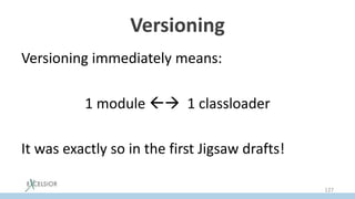 Versioning
Versioning immediately means:
1 module  1 classloader
It was exactly so in the first Jigsaw drafts!
127
 
