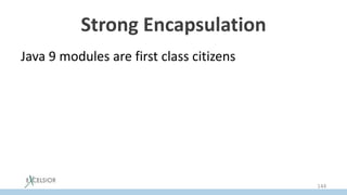 Strong Encapsulation
Java 9 modules are first class citizens
• Define visibility access rules
– via declared export
• There is no access to non-exported functionality
outside of the module even via reflection
– Even setAccessible(true) does not work
144
 