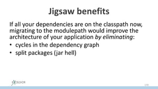 Jigsaw benefits
If all your dependencies are on the classpath now,
migrating to the modulepath would improve the
architecture of your application by eliminating:
• cycles in the dependency graph
• split packages (jar hell)
• unsound access into implementation details of
other modules
• dependencies to JDK private API
170
 