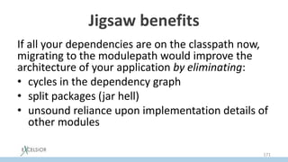 Jigsaw benefits
If all your dependencies are on the classpath now,
migrating to the modulepath would improve the
architecture of your application by eliminating:
• cycles in the dependency graph
• split packages (jar hell)
• unsound reliance upon implementation details of
other modules
• dependencies to JDK private API
171
 