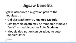 Jigsaw benefits
Jigsaw introduces a migration path to the
modulepath:
• Old classpath forms Unnamed Modulе
• Jars from classpath may be temporarily moved
“as-is” to modulepath as Auto Modules
• Module declaration can be added to auto
modules later
176
 