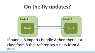On the fly updates?
Bundle B
Class B
Bundle A
Class А
If bundle B imports bundle А then there is a
class from B that references a class from A
67
 