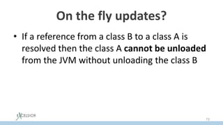 On the fly updates?
• If a reference from a class B to a class A is
resolved then the class А cannot be unloaded
from the JVM without unloading the class B
73
 