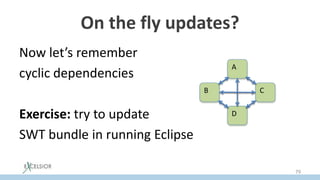 On the fly updates?
Now let’s remember
cyclic dependencies
Exercise: try to update
SWT bundle in running Eclipse
A
B C
D
79
 