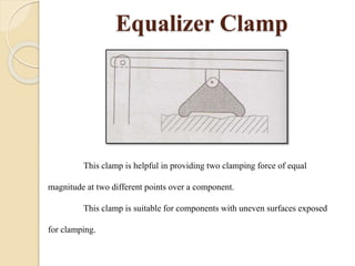 Equalizer Clamp
This clamp is helpful in providing two clamping force of equal
magnitude at two different points over a component.
This clamp is suitable for components with uneven surfaces exposed
for clamping.
 