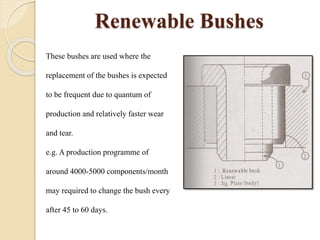 Renewable Bushes
These bushes are used where the
replacement of the bushes is expected
to be frequent due to quantum of
production and relatively faster wear
and tear.
e.g. A production programme of
around 4000-5000 components/month
may required to change the bush every
after 45 to 60 days.
 