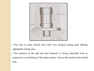 • The pins or posts should have their own integral resting pads offering
appropriate resting area.
• The junction of the pad and post diameter is always provided with an
undercut to avoid fouling of the sharp corners / burr at the mouth of the burred
hole.
 
