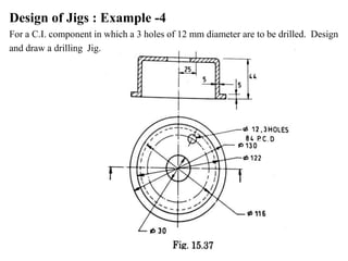 Design of Jigs : Example -4
For a C.I. component in which a 3 holes of 12 mm diameter are to be drilled. Design
and draw a drilling Jig.
 