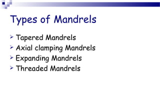 Types of Mandrels 
 Tapered Mandrels 
 Axial clamping Mandrels 
 Expanding Mandrels 
 Threaded Mandrels 
 
