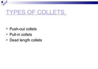 TYPES OF COLLETS
 Push-out collets
 Pull-in collets
 Dead length collets
 
