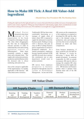 i c h a e l P o r t e r
pioneered value chain
Mc o n c e p t o f t h e
organization in his book
'CompetitiveAdvantage', he said,
"the value chain disaggregates
the firm into its strategically
relevant activities in order to
understand the costs and existing
p o t e n t i a l s o u r c e s o f
differentiation". Value chain
essentially contains a supply
chain and a demand chain. The
supply side is about procurement,
production and distribution while
the demand side is about
marketing,salesandservice.
Just as this concept is applicable
to the organizations, it is equally
applicable to HR function. HR
valuechaincanbeviewedas:-
Traditionally HR has been more
comfortable functioning as a
manager of supply chain of
talent, where HR is expected to
supply the talent pool to meet the
business needs. Nothing is wrong
with it. However, this puts an
onus on HR of 'selling' business
goal or organization to current or
prospective employees. As a
natural consequence, employees
become 'internal customer' of HR
and HR obviously has to protect
this constituency just as sales
department would want to
protectcustomer.
HR moves from employee
perspective to business
perspective through the cusp of a
s y s t e m o f P e r f o r m a n c e
Management. At one end of the
HR system are the competencies
of the employees as acquired or
developed by HR and the other
end is the demand owing to
production, sales and marketing
activities that in turn creating the
demand on talent and there
competencies.
From business perspective, if
there would be just one KPI for
HR Manager, it would be
delivering a decent ROI on
people investment. As someone
responsible for ROI on people
investment, HR must be able to
manage the complete HR value
chain and not just the supply side
of it. HR becomes real business
partner when it operates from
demand chain side of the HR
valuechain.
How to Make HR Tick: A Real HR Value-Add
Ingredient
- Shamik Vora, Vice President–HR, The Bombay Store
Corporate Article
Finding the right man for the right job (and vice-versa) is the need of the hour and the root cause of unemployment
(and to some extent, migration). Filling up critical industrial voids keeping supply chain considerations in mind
hasnotbeenworkingwellinmostcases.Providedhereisaninsightintoasuggestedalternative.
12 MHROD, Department of Commerce, DSE
 