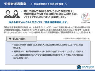• 全国の事業所で登録・採用された人材をお客様の繁忙に合わせてスピーディに派遣
致します。
• 経験豊かな人材が多数在籍しており、作業の内容によって様々な対応が 可能です。
• 人材の募集は弊社が行うことにより募集経費の削減ができ、人件費その他の費用削
減にも寄与します。
サービスの特徴
労働者派遣事業 ＜ 急な増産時に人手不足を解決 ＞
» 弊社の強みである「ものづくり」への派遣に加え、
全国の拠点から様々な環境に最適な人材の人選・
マッチングを迅速に行いご提案致します。
▽派遣⇒請負への移行が可能です。
「優良派遣事業者認定制度」は、法令を遵守しているだけでなく、派遣社員のキャリア形成支援やより良
い労働環境の確保、派遣先でのトラブル予防など、派遣社員と派遣先の双方に安心できるサービスを提
供できているかどうかについて、一定の基準を満たした派遣事業者を「優良派遣事業者」として認定します。
株式会社サンキョウテクノスタッフは 「優良派遣事業者」です。
Copyright (C) 2021 SANKYO GROUP All Rights Reserved.
 