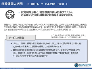 日系外国人活用 ＜ 通訳トレーナーによるサポート派遣 ＞
• 弊社は、日系人採用の累計実績＝50,000人以上、単一の請負職場では最大約
1,300名の日系人による組織を構築している実績があります。
• 弊社は国内の採用に加えブラジル現地に採用拠点を持ち、採用からビザ取得、送り
出し、就労サポートまでワンストップで行える機能を保有しておりますので、お客様の
ニーズに合わせた安定的な活用が可能です。
サービスの特徴
Copyright (C) 2021 SANKYO GROUP All Rights Reserved.
» 就労制限が無く、就労意識の高い日系ブラジル人
の活用により高い出勤率と定着率を確保できます。
▽ＣＳＲ監査への対応等、豊富な実績と採用力
でお客様からの様々なニーズに対応致します。
弊社では、日系ブラジル人を中心としたグローバル人材の活用に関して30年以上の実績があり、国内及
び現地での採用ノウハウの蓄積と堅実なネットワークにより安定した定着率と出勤率を確保し、不意に発
生する生産変動への対応など、お客様のニーズに合わせたサービスの提供が可能です。
 
