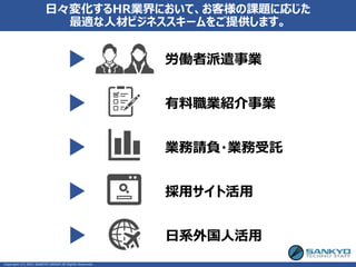 日々変化するHR業界において、お客様の課題に応じた
最適な人材ビジネススキームをご提供します。
労働者派遣事業
有料職業紹介事業
業務請負・業務受託
採用サイト活用
日系外国人活用
Copyright (C) 2021 SANKYO GROUP All Rights Reserved.
 