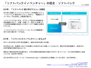 Copyright (c) GOB-IP All rights reserved.
「ソフトバンクイノベンチャー」の歴史：ソフトバンク
2010年に発表したソフトバンクグループの経営ビジョン
「ソフトバンク 新30年ビジョン」の中で、「戦略的シナ
ジーグループ5,000社」の実現を掲げた。
ソフトバンクではこれを、ピラミッド型の中央集権的な
会社組織ではなく、分散・分権して、お互いに自律して
いるWEB型組織を目指す上でのパートナー戦略と位置付
けている。
「ソフトバンクイノベンチャー」もこうした目標実現に
向けた取り組みの一つである。
2010年：「ソフトバンク 新30年ビジョン」を策定
SBイノベンチャー株式会社
ソフトバンクグループ「新30年ビジョン」
事業構想PROJECT DESIGN ONLINE「ソフトバンク、新事業が次々と生まれる仕組み 目標はグループ5000社」
2011年：「ソフトバンクイノベンチャー」立ち上げ
2011～2014年までは年1回の募集で、毎回1000件を超える応募。
2015年からは、応募者へのよりきめ細かい対応のために応募ハードルを上げ、現在は年3回の募集で、各回100～
200件程度の応募があるという。
現在まで累計6600件の応募があり、81件の事業化検討案件がβ版プロダクトをリリース。うち16件の事業化に成功
している（2020年1月時点）。
また2016年からスタートした「Innoventure Lab」には約3000人が登録していると言う（2019年時点）。
 
