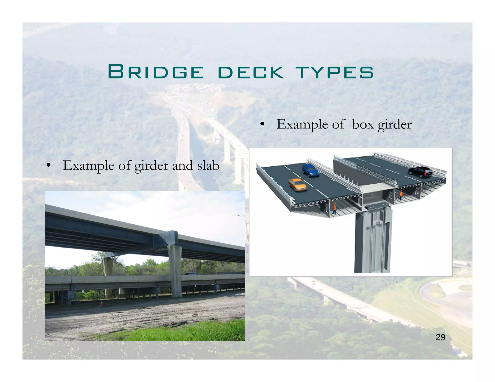 Bridge deck types
                               • Example of box girder

• Example of girder and slab




                                                         29
 