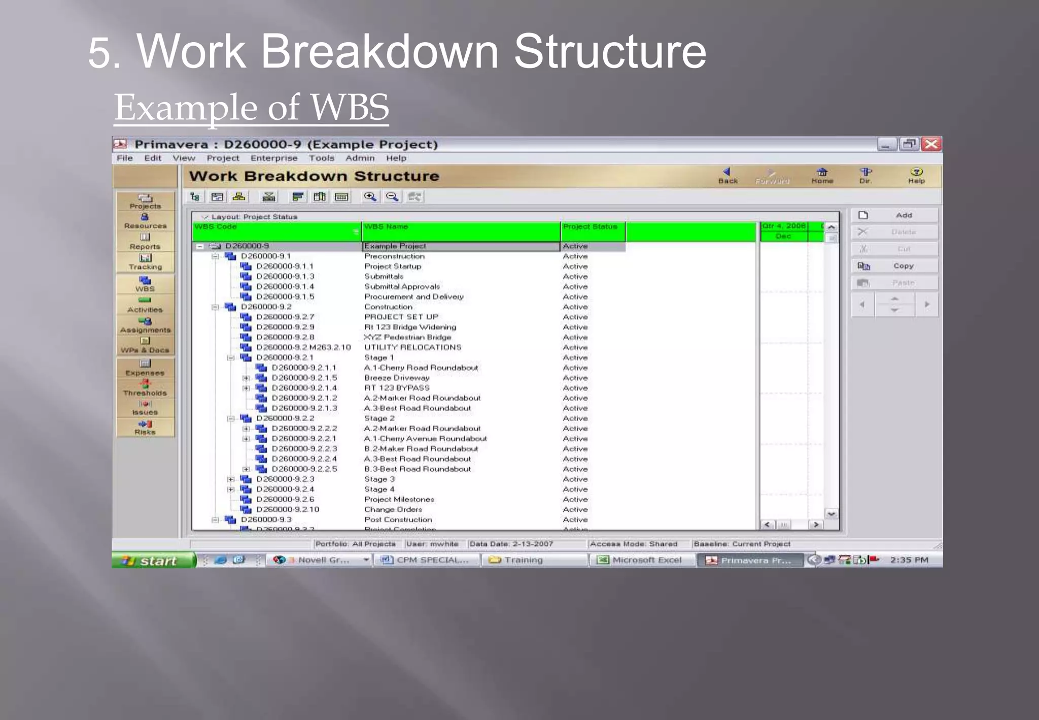 5. Work Breakdown Structure
 Example of WBS
 