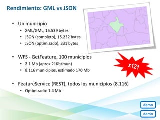 Rendimiento: GML vs JSON

 • Un municipio
    • XML/GML, 15.539 bytes
    • JSON (completo), 15.232 bytes
    • JSON (optimizado), 331 bytes


 • WFS - GetFeature, 100 municipios
    • 2.1 Mb (aprox 21Kb/mun)
    • 8.116 municipios, estimado 170 Mb


 • FeatureService (REST), todos los municipios (8.116)
    • Optimizado: 1.4 Mb


                                                         demo

                                                         demo
 