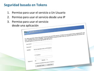 Seguridad basada en Tokens

 1. Permiso para usar el servicio a Un Usuario
 2. Permiso para usar el servicio desde una IP
 3. Permiso para usar el servicio
    desde una aplicación
 