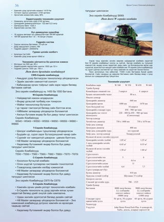 36 Өргөн Сэлэнгэ Үндэсний үйлдвэрлэл
•  Хамгийн дээд эргэлтийн момент 1419 Нм
•  Тогтмол чадлын диапазон: 2100 эрг/мин
•  Эргэлтийн моментийн нөөц 38%
Хөдөлгүүрийн техникийн үзүүлэлт
•  Номиналь эргэлтийн хурд 2100 эрг/мин
•  Цлиндрийн диаметр/эзэлхүүн: 132 мм/13,5 литр
•  Шатахууны банк: 1325 л
•  Хөргөлтийн систем: 53л
Хүч дамжуулах хувилбар
•  18 хурдны автомат хүч дамжуулагчтай 18F/6R араатай
•  16F/5R араатай бол 1,8 – 16 км/цаг (Ухрах)
Гидрийн систем
•  Үндсэн насосны багтаамж: 75 куб.см
•  Дээд зарцуулалт (л/мин) 186
•  Гидрийн даралт: 20000кПа
Гурван цэгийн холбогч
•  Категори Cat 3/4N
•  Хамгийн дээд ачаа өргөлт 6940 кг
Техникийн үйлчилгээ ба цэнэглэх хэмжээ
•  Моторын тос 500 цаг, 26 л
•  Хөдөлгүүрийн хөргөлтийн шингэн 1500 цаг, 53 л
•  Гидрийн шингэн 1500 цаг, 106 л
Jhon deere брэндийн комбайнууд
CWS-Серийн комбайнууд
• Амьдрал дээр батлагдсан технологиор үйлдвэрлэсэн
• Эдийн засгийн хэмнэлттэй сонголт
• Кабинаасаа орчин тойрныг сайн харж чадах бөгөөд
багтаамж сайтай.
Энэ серийн комбайнууд нь 1450 ба 1550 багтана.
W-Серийн Комбайнууд
• Найдвартай хэмээн алдаршсан
• Өндөр ургацтай талбайд нэн тохирсон
• Walker технологиор бүтээсэн
• үр тариаг гэмтээхгүй бөгөөд сайн бэлтгэж өгнө.
• HillMaster загвараар үйлдвэрлэх боломжтой
• Ажлын бүтээмж өндөр ба бүх давуу талыг шингээсэн
Серийн Комбайнууд
W540 • W540i • W550 • W550i • W650 • W650i • W660 •
W660i
T-Серийн Комбайнууд
• Шилдэг комбайнчдын туршлагаар үйлдвэрлэсэн
• Буудайн үр, сүрэл зэрэг бүтээгдэхүүний чанар сайн
• Сүрлийг хог хаягдалгүй цэвэрхэн цавчиж бэлтгэнэ.
• Hill Master загвараар үйлдвэрлэх боломжтой
• Хөдөлмөр бүтээмжийг өндөр болгох бүх давуу
талуудыг шингээсэн
Серийн Комбайнууд
T550 • T550i • T560 • T560i • T660 • T660i • T670 • T670i
C-Серийн Комбайнууд
• Хосолсон бүтэцтэй комбайн
• Олон шүдтэй тусгаарлах системийн тоноглолтой
• Тээвэрлэхэд хамгийн хялбар хэмжээтэй
• Hill Master загвараар үйлдвэрлэх боломжтой
• Хөдөлмөр бүтээмжийг өндөр болгох бүх давуу
талуудыг шингээсэн
Энэ серийн Комбайнууд C670 ба C670i
S-Серийн Комбайнууд
• Хамгийн орчин үеийн роторт технологийн комбайн
• S-Серийн технологи нь дээд зэргийн ялгах хүчин
чадалтай бөгөөд үрийг онцгой сайн хамгаална.
• Удаан жилийн эдэлгээтэй бөгөөд дизайн сайтай
• Hill Master загвараар үйлдвэрлэх боломжтой – Энэ
хэмжээний комбайнууд дотроос хамгийн их өрсөлдөх
чадвьар сайтай
• Хөдөлмөр бүтээмжийг өндөр болгох бүх давуу
талуудыг шингээсэн
Энэ серийн Комбайнууд S690i
Jhon deere W серийн комбайн
.
Хэрэв танд хамгийн энгийн мөрлөө найдвартай комбайн хэрэгтэй
бол W серийн комбайныг сонгох нь зүйтэй. Эдгээр комбайн нь түлшний
хэмнэлттэй, өндөр хүчин чадалтай, даац сайн, үр боловсруулах өргөн цар
хүрээтэй, ашиглалтын нөхцөл сайн комбайн юм. W серийн шинэ комбайнууд
нь сүрэл шалгах системтэй тул таны хамгийн их хэрэгтэй техник болно.
Люкс ангилалын том кабинтай. 11000 л-ийн багтаамж бүхий үрийн
бункертэй. Сайн чанарын үр нөөцлөх багтаамж сайн бөгөөд ямар ч хүнд
ажлын хүч шаардахүйгээр гүйцэтгэнэ
Техникийн үзүүлэлт
Комбайны марк W 540 W 550 W 650 W 660
Үрийн бүнкер
Конвейорын гинжний тоо 3 ширхэг 4 ширхэг
Буцаах механизмийн чадал 80 м.х.
Няцлах цлиндр
Цлиндрийн диаметр 660 мм
Цлиндрийн өргөн 1400 мм 1670 мм
Үрэх билүүний тоо 10 ширхэг
Цлиндрийн стандарт хурд 450 – 980 эрг/мин
Цлиндрийн хос эгнээт
жолоодлого
220 – 480 ба 450 – 980 эрг/мин
(Сонголтоор)
Хотгор цлиндр
Хотойлтын диаметр 750 x 1400 мм 750 x 1670 мм
Хоёр дахь цлиндр
Цохиурын диаметр 400 мм
Хоёр дахь цлиндрийн хурд нэг хурдтай
Хоёр дахь хотгор цлиндр Тохируулгатай
Идэвхитэй ялгах хэсгийн үзүүлэлт
Цлиндрийн хотойх талбай 1,05 м2
1,25 м2
2 дахь цлиндрийн хотойх
талбай
0.45 м2
0.55 м2
Идэвхитэй ялгах хэсгийн
талбай
1.50 м2
1.80 м2
Сүрэл ялгагч
Сүрэл ялгагчийн тоо 5 6
Сүрэл ялгагчийн урт 4,6 м
Сүрэл ялгагчийн алхам 11
Сүрэл ялгагчийн талбай 6,4 7,7
Сүрэл хуваарьлагч бул
Булны диаметр 410 мм
Хурууны хээний хэлбэр Шугаман 15 хэлбэр
Цэвэрлэх систем
Сэнсний эргэлтийн хурд 700 – 1525
Үрийн бункер
Багтаамж 8000 литр бөгөөд
LL хэлбэрийн
сонголт хийвэл
10000 литр
9000 литр бөгөөд
LL хэлбэрийн
сонголт хийвэл
11000 литр
Стандарт сүрэл
цавчигчийн хутга
56 эргэх, 54 суурин
хутга
68 эргэх, 66 суурин
хутга
Хөдөлгүүр
Үзүүлэлт John Deere PowerTech Plus. 6 цлиндртэй,
Turbo, дизель, агаарын хөргөлттэй
 