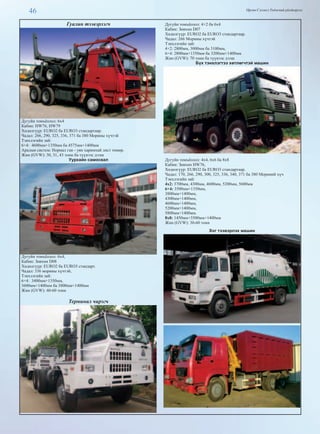 46 Өргөн Сэлэнгэ Үндэсний үйлдвэрлэл
Гуалин тээвэрлэгч
Дугуйн томъёолол: 6х4
Кабин: HW76, HW79
Хөдөлгүүр: EURO2 ба EURO3 стандартаар.
Чадал: 266, 290, 325, 336, 371 ба 380 Морины хүчтэй
Тэнхлэгийн зай:
6×4: 4600мм+1350мм ба 4575мм+1400мм
Аралын систем: Нормал ган - уян харимхай лист төмөр.
Жин (GVW): 30, 31, 43 тонн ба түүнээс дээш
Уурхайн самосвал
Дугуйн томъёолол: 6х4,
Кабин: Зөвхөн D08
Хөдөлгүүр: EURO2 ба EURO3 стандарт.
Чадал: 336 морины хүчтэй,
Тэнхлэгийн зай:
6×4: 3400мм+1350мм,
3600мм+1400мм ба 3800мм+1400мм
Жин (GVW): 40-60 тонн
Терминал чирэгч
Дугуйн томъёолол: 4×2 ба 6х4
Кабин: Зөвхөн D07
Хөдөлгүүр: EURO2 ба EURO3 стандартаар.
Чадал: 266 Mорины хүчтэй
Тэнхлэгийн зай:
4×2: 2800мм, 3000мм ба 3100мм,
6×4: 2800мм+1350мм ба 3200мм+1400мм
Жин (GVW): 70 тонн ба түүнээс дээш
Бүх тэнхлэгтээ хөтлөгчтэй машин
Дугуйн томъёолол: 4х4, 6х6 ба 8х8
Кабин: Зөвхөн HW76,
Хөдөлгүүр: EURO2 ба EURO3 стандартаар.
Чадал: 170, 266, 290, 300, 325, 336, 340, 371 ба 380 Мориний хүч
Тэнхлэгийн зай:
4x2: 3700мм, 4300мм, 4600мм, 5200мм, 5600мм
6×4: 3500мм+1350мм,
3800мм+1400мм,
4300мм+1400мм,
4600мм+1400мм,
5200мм+1400мм,
5800мм+1400мм.
8x8: 1450мм+3500мм+1400мм
Жин (GVW): 30-60 тонн
Хог тээвэрлэх машин
 