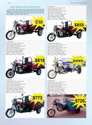 50 Өргөн Сэлэнгэ Үндэсний үйлдвэрлэл
Ажлаа амжуулья гэвэл 3 дугуйттай бол
Энэ хуудсыг нээж үзмэгц танд нэгэн ашигтай бизнес санаа төрж
магадгүй. Учир нь мотоциклоор ажил албаа амжуулдаг манай хөдөөгийн
малчдад энэ мотоцикл хос дугуй мотоциклоос нь илүү их ашигтай гэдэг
нь ойлгомжтой. Гэр зуурын жижиг ачааг тос дугуйтай мотоцикл дээр зөөнө
гэдэг хөдөөгийн хүмүүст хамгийн яршигтай.
CTM150ZH-8
Хэмжээ (мм): 3210 х 1230 х 1210
Тэнхлэгийн зай (мм): 2045
Хойд дугуйны голын урт (мм): 1130
Асаалт: Хөл ба цахилгаан
Даац: 350 кг, Дээд хурд: 60 км / цаг
Хөдөлгүүр: 1 цлиндр, 4 поршин
Хөдөлгүүрмйн модель 162FMJ
Чадал: 7. 5 кватт / 7500 эрг / мин
Макс. эргэлт: 10Nm / 7200 эрг/мин
CTM250ZH-5
Хэмжээ (мм): 3210 х 1230 х 1210
Тэнхлэгийн зай (мм): 2045
Хойд дугуйны голын урт (мм): 1130
Асаалт: Хөл ба цахилгаан
Даац: 300 кг, Дээд хурд: 60 км / цаг
Хөдөлгүүр 1 цлиндр, 4 поршин
Хөдөлгүүрмйн модель: 162FMJ
Чадал: 7. 5 кватт / 7500 эрг / мин
Макс. эргэлт: 10Nm / 7200 эрг / мин
CTM150ZH-7
Хэмжээ (мм): 3210 х 1230 х 1150
Тэнхлэгийн зай (мм): 2130
Хойд дугуйны голын урт (мм): 1140
Асаалт: Хөл ба цахилгаан
Даац: 350 кг Дээд хурд: 60 км / цаг
Хөдөлгүүр: 1 цлиндр, 4 поршин
Хөдөлгүүрмйн модель: 162FMJ
Чадал: 7. 5 кватт / 7500 эрг / мин
Макс. эргэлт: 10Nm / 7200 эрг/мин
CTM200ZH (JL200-new)
Хэмжээ (мм): 3210 х 1230 х 1150
Тэнхлэгийн зай (мм): 2130
Хойд дугуйны голын урт (мм): 1140
Асаалт: Хөл ба цахилгаан
Даац: 350 кг Дээд хурд: 60 км / цаг
Хөдөлгүүр: 1 цлиндр, 4 поршин
Чадал: 7. 5 кватт / 7500 эрг / мин
Макс. эргэлт: 10Nm / 7200 эрг/мин
CTM150ZH-5
Хэмжээ (мм): 3210 х 1230 х 1210
Тэнхлэгийн зай (мм): 2045
Хойд дугуйны голын урт (мм): 1130
Асаалт: Хөл ба цахилгаан
Даац: 300 кг, Дээд хурд: 60 км / цаг
Хөдөлгүүр 1 цлиндр, 4 поршин
Хөдөлгүүрмйн модель: 162FMJ
Чадал: 7. 5 кватт / 7500 эрг / мин
Макс. эргэлт: 10Nm / 7200 эрг / мин
 