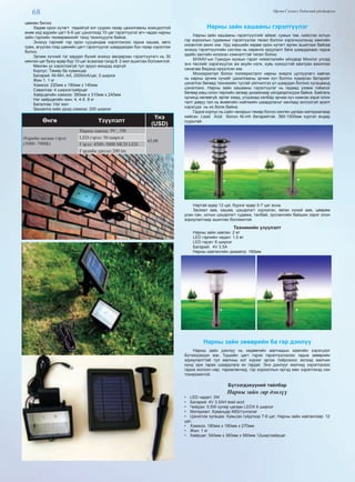 68 Өргөн Сэлэнгэ Үндэсний үйлдвэрлэл
цөөхөн билээ.
Хөдөө орон нутагт төдийгүй хот суурин газар цахилгааны хомсдолтой
өнөө үед өдрийн цагт 6-8 цаг цэнэглээд 10 цаг гэрэлтүүлэг өгч чадах нарны
зайн гэрлийн төхөөрөмжийг танд танилцуулж байна.
Энэхүү гэрлийг гэр орон сууцандаа хэрэглэхээс гадна хашаа, авто
граж, агуулах гээд шөнийн цагт гэрэлтүүлэг шаардагдах бүх газар хэрэглэж
болно.
Эрчим хүчний тэг зардал бүхий энэхүү авсаархан гэрэлтүүлэгч нь 30
мянган цаг буюу өдөр бүр 10 цаг асаалаа гэхэд 8. 2 жил ашиглах боломжтой.
Мөнгөн ус хэрэглээгүй тул эрүүл мэндэд хоргүй
Корпус: Төмөр ба хуванцар
Батарей. NI-MH, AA, 2000mA/цаг, 3 ширхэг
Жин 1. 1 кг
Хэмжээ: 220мм х 180мм х 140мм
Савалгаа: 4 ширхэг/хайрцаг
Хайрцагийн хэмжээ: 380мм х 310мм х 240мм
Нэг хайрцагийн жин: 4. 4-5. 8 кг
Баталгаа: Нэг жил
Захиалга хийх доод хэмжээ: 200 ширхэг
Өнгө Үзүүлэлт
Үнэ
(USD)
Өдрийн цагаан гэрэл
(5000~7000k)
Нарны хавтан: 9V , 5W
45,00
LED гэрэл: 50 ширхэг
Гэрэл: 4500~5000 MCD LED
Гэрлийн урсгал 200 lm
Нарны зайн хашааны гэрэлтүүлэг
Нарны зайн хашааны гэрэлтүүлгийг аймаг, сумын төв, нийслэл хотын
гэр хороолын гудамжыг гэрэлтүүлэх төсөл болгон хэрэгжүүлэхэд хамгийн
оновчтой ажил юм. Урд хөршийн хөдөө орон нутагт өргөн ашиглаж байгаа
энэхүү гэрэлтүүлгийн систем нь хөрөнгө оруулалт бага шаардахаас гадна
эдийн засгийн ихээхэн хэмнэлттэй төсөл болно.
БНХАУ-ын Гуандун мужын гэрэл чимэглэлийн үйлдвэр Монгол улсад
энэ төслийг хэрэгжүүлэх аж ахуйн нэгж, хувь хүмүүстэй хамтран ажиллах
саналаа бидэнд ирүүлсэн юм.
Монокристал болон поликристалл нарны энерги цуглуулагч хавтан
нь нарны эрчим хүчийг цахилгааны эрчим хүч болгон хувирган батарейг
цэнэглэх бөгөөд техникийн тусгай үйлчилгээ үл шаардан богино хугацаанд
цэнэглэнэ. Нарны зайн хашааны гэрэлтүүлэг нь гадаад үзэмж гоёмсог
бөгөөд маш олон төрлийн загвар дизайнаар үйлдвэрлэгдэж байна. Байгаль
орчинд нөлөөгүй, өртөг хямд, угсрахад хялбар эрчим хүч хэмнэх зэрэг олон
талт давуу тал нь өнөөгийн нийгмийн шаардлагыг хангаад зогсоогүй эрэлт
хэрэгцээ нь их болж байна.
Гадна корпус нь сайн чанарын төмөр болон хөнгөн цагаан материалаар
хийсэн. Lead Acid болон Ni-mh батарейтэй. 380-1000мм хүртэл өндөр
суурьтай.
Нартай өдөр 12 цаг, бүрхэг өдөр 5-7 цаг асна.
Засмал зам, хашаа, цэцэрлэгт хүрээлэн, явган хүний зам, цөөрөм
усан сан, хотын цэцэрлэгт гудамж, талбай, зуслангийн байшин зэрэг олон
зориулалтаар ашиглах боломжтой.
Техникийн үзүүлэлт
Нарны зайн хавтан: 2 вт
LED гэрлийн чадал: 1,5 вт
LED гэрэл: 6 ширхэг
Батарей: 4V 3.5A
Нарны хавтангийн диаметр: 160мм
Нарны зайн зөөврийн ба гар дэнлүү
Нарны зайн дэнлүү нь хөдөөгийн малчидын хамгийн хэрэгцээт
бүтээгдэхүүн юм. Үдшийн цагт гэрээ гэрэлтүүлэхээс гадна зөөврийн
зориулалттай тул малчны хот хүрээг эргэж тойрохоос эхлээд малчин
хүнд орж гарах шаардлага их гардаг. Энэ дэнлүүг малчид хэрэглэхээс
гадна жолооч нар, тариаланчид, гэр хорооллын иргэд мөн хэрэглэхэд нэн
тохиромжтой.
Бүтээгдэхүүний тайлбар
Нарны зайн гар дэнлүү
•  LED чадал: 3W
•  Батарей: 4V 3.5AH lead acid
•  Чийдэн: 0.5W супер цагаан LEDX 6 ширхэг
•  Материал: Хуванцар ABS/тунгалаг
•  Цэнэглэх хугацаа: Хувьсах гүйдлээр 7-8 цаг; Нарны зайн хавтангаар: 12
цаг;
•  Хэмжээ: 180мм х 180мм х 270мм
•  Жин: 1 кг
•  Хайрцаг: 540мм x 360мм x 560мм 12шир/хайрцаг
 