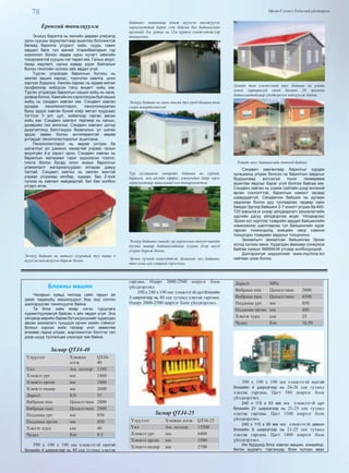 78 Өргөн Сэлэнгэ Үндэсний үйлдвэрлэл
Ерөнхий танилцуулга
Энэхүү барилга нь жилийн дөрвөн улиралд
орон сууцны зориулалтаар ашиглах боломжтой
бөгөөд барилга угсралт хийх, суурь тавих
зардал бага тул манай Улаанбаатарын гэр
хороолол болон хөдөө орон нутагт хамгийн
тохиромжтой сууцны нэг төрөл юм. Галын аюул,
газар хөдлөлт, салхи жавар зэрэг байгалын
болон гэнэтийн ослоос айх явдал үгүй.
Түргэн угсрагдах барилгын бүтээц нь
хөнгөн хаших каркас, түүнчлэн хаалга, цонх
зэргээс бүрдэнэ. Хөнгөн каркас нь ердөө метал
профилиэр хийгдсэн тэгш өнцөгт хийц юм.
Түргэн угсрагдах барилгын хаших хийц нь хана,
дээвэрболно.Хамгийниххэрэглэгдэжбуйхаших
жийц нь сэндвич хавтан юм. Сэндвич хавтан
дундаа пенополистирол, пенополиуретан
буюу эрдэс хавтан бүхий хоёр метал хуудсаас
тогтсон 3 үет, цул, хиймлээр гарган авсан
хийц юм. Сэндвич хавтанг төрлөөр нь ханын,
дээврийн гэж ангилна. Сэндвич хавтанг дотор
дүүргэлтэнд бэлтгэхдээ базальтын үл шатах
эрдэс хөвөн болон антиперентэй өөрөө
унтардаг пенополистиролыг ашиглана.
Пенополистирол нь өөрөө унтрах ба
шаталтыг үл дэмжих чанартай учраас галын
аюулгүйн 4-р зэрэгт орно. Сэндвич хавтан нь
барилгын материал гэдэг үүднээсээ тоосго,
плита болон бусад олон янзын барилгын
уламжлалт материалуудаас ялгарах давуу
талтай. Сэндвич хавтан нь хөнгөн жинтэй
учраас угсрахад хялбар, хурдан, бас Z-lock
түгжээ нь хавтанг найдвартай, бат бөх холбон
угсарч өгнө.
Энэхүү байшин нь металл суурьтай тул хаана ч
нүүлгэн шилжүүлэн барьж болно.
Байшинг машинаар ачиж нүүлгэн шилжүүлэх
зориулалттай барих гэж байгаа бол байшингийн
өргөнийг 3м, уртыг нь 12м хүртэл хэмжээтэйгээр
тооцоолно.
Энэхүү байшин нь маш хөнгөн тул хүнд даацын том
суурь шаардагдахгүй
Түр хугацааны зөөврийн байшин нь уурхай,
барилга, зам ангийн оффис, ажилчдын байр зэрэг
зориулалтаар ашиглахад нэн тохиромжтой.
Энэхүү байшинг манай гэр хорооллын айлууд өөрийн
хуучин шавар байшингийнхаа суурин дээр шууд
угсран барьж болно.
Эрчим хүчний хэмнэлттэй, дулаахан энэ байшинг
өвөл зуны аль улиралд хэрэглэнэ.
Хувийн том хэмжээний хаус байшин нь үнийн
хувьд харьцангүй хямд бөгөөд 20 жилийн
баталгаатайгаар үйлдвэрлэгч нийлүүлж байна.
Хувийн хаус байшингийн дотоод байдал
Сэндвич хавтангаар барилгыг хурдан
хугацаанд угсрах болсон нь барилгын зардлыг
бууруулаад зогсохгүй тоног төхөөрөмж
ашиглах явдлыг бараг үгүй болгож байгаа юм.
Сэндвич хавтан нь үзэмж сайтайн дээр өнгөний
өргөн сонголттой, барилгын нэмэлт засвар
шаарддаггүй. Сендвичэн байшин нь дулаан
хадгалах болон дуу тусгаарлах чадвар сайн
байдаг.Эдгээр байшинг 2-7 хоногт угсрах ба 400-
720 юань/кв.м үнээр үйлдвэрлэгч захиалагчийн
зургийн дагуу үйлдвэрлэж өгдөг. Үйлдвэрээс
Эрээн хот хүртлэх тээврийн зардал байшингийн
хэмжээнээс шалтгаалах тул байшингийн зураг
гарсан тохиолдолд хийцийн овор хэмжээ
тооцогдон тээврийн зардлыг тооцоолно.
Захиалыгч захиалсан байшингаа Эрээн
хотод хүлээн авна. Худалдан авахаар сонирхож
байгаа хүмүүс 99068436 утсаар холбогдоорой.
Дэлгэрэнгүй мэдээллийг www.mychina.biz
сайтаас үзэж болно.
Блокны машин
Чанарын хувьд нилээд сайн гарын ая
дааж чадахуйц машинуудыг бид энд сонгон
шалгаруулан танилцуулж байна.
Та блок хийх ямар нэгэн туршлага
хуримтлуулаагүй байсан ч айх явдал үгүй. Энэ
үйлдвэр өөрийн бараа бүтээгдхүүнийг худалдан
авсан захиалагч түншдээ орчин үеийн гоёмсог
блокыг хэрхэн хийх талаар үнэт зөвөлгөө
өгөхөөс гадна угсрах, мэргэжилтэн бэлтгэх тал
дээр шууд туслалцаа үзүүлдэг юм байна.
Загвар QTJ4-40
Үзүүлэлт Хэмжих
нэгж
QTJ4-
40
Үнэ Ам. доллор 1350
Хэмжээ урт мм 1460
Хэмжээ өргөн мм 1800
Хэмжээ өндөр мм 2600
Даралт KN 35
Вибраци min Цохилт/мин 2800
Вибраци max Цохилт/мин 2800
Поддоны урт мм 850
Поддоны өргөн мм 450
Хэвлэх хурд сек 40
Чадал Квт 9.5
390 х 190 х 190 мм хэмжээтэй нүхтэй
блокийн 4 ширхэгээр нь 40 сек тутамд хэвлэж
гаргана. Өдөрт 2000-2500 ширхэг блок
үйлдвэрлэнэ.
390 х 240 х 190 мм хэмжээтэй цул блокийн
3 ширхэгээр нь 40 сек тутамд хэвлэж гаргана.
Өдөрт 2000-2500 ширхэг блок үйлдвэрлэнэ.
Загвар QTJ4-25
Үзүүлэлт Хэмжих нэгж QTJ4-25
Үнэ Ам. доллор 15500
Хэмжээ урт мм 6400
Хэмжээ өргөн мм 1500
Хэмжээ өндөр мм 2700
Даралт MPa
Вибраци min Цохилт/мин 2800
Вибраци max Цохилт/мин 4500
Поддоны урт мм 850
Поддоны өргөн мм 480
Хэвлэх хурд сек 25
Чадал Квт 16,58
390 х 190 х 190 мм хэмжээтэй нүхтэй
блокийн 4 ширхэгээр нь 24-26 сек тутамд
хэвлэж гаргана. Цагт 580 ширхэг блок
үйлдвэрлэнэ.
240 х 115 х 53 мм мм хэмжээтэй цул
блокийн 21 ширхэгээр нь 21-25 сек тутамд
хэвлэж гаргана. Цагт 3300 ширхэг блок
үйлдвэрлэнэ.
240 х 115 х 90 мм мм хэмжээтэй замын
блокийн 9 ширхэгээр нь 21-25 сек тутамд
хэвлэж гаргана. Цагт 1400 ширхэг блок
үйлдвэрлэнэ.
Иж бүрдэлд блок хэвлэх машин, конвейор,
бетон зуурагч, тэргэнцэр, блок хүлээн авах
 