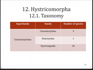 12. Hystricomorpha
12.1. Taxonomy
Superfamily Family Number of species
Ctenodactyloidea
Ctenodactylidae 5
Diatomyidae 1
Hystricognathi 36
26
 
