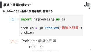 最適化問題の書き方
Copyright(C) 2022 Jij Inc, All Rights Reserved.
14
Problemクラス：最適化問題を表現・管理する
 