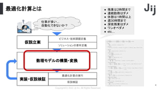 最適化計算とは
Copyright(C) 2022 Jij Inc, All Rights Reserved.
4
数理モデルの構築・変換
仮説立案
ビジネス・技術課題定義
ソリューションの要件定義
実装・仮説検証
最適化計算の実行
仮説検証
仕事が多い...
自動化できないか？
● 残業は2時間まで
● 連続勤務はダメ
● 休憩は1時間以上
● 週30時間まで
● 深夜残業はダメ
● ワンオペダメ
● etc…
 