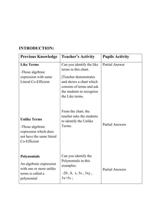 Lesson Plan Algebra Fundamental Operations | PDF