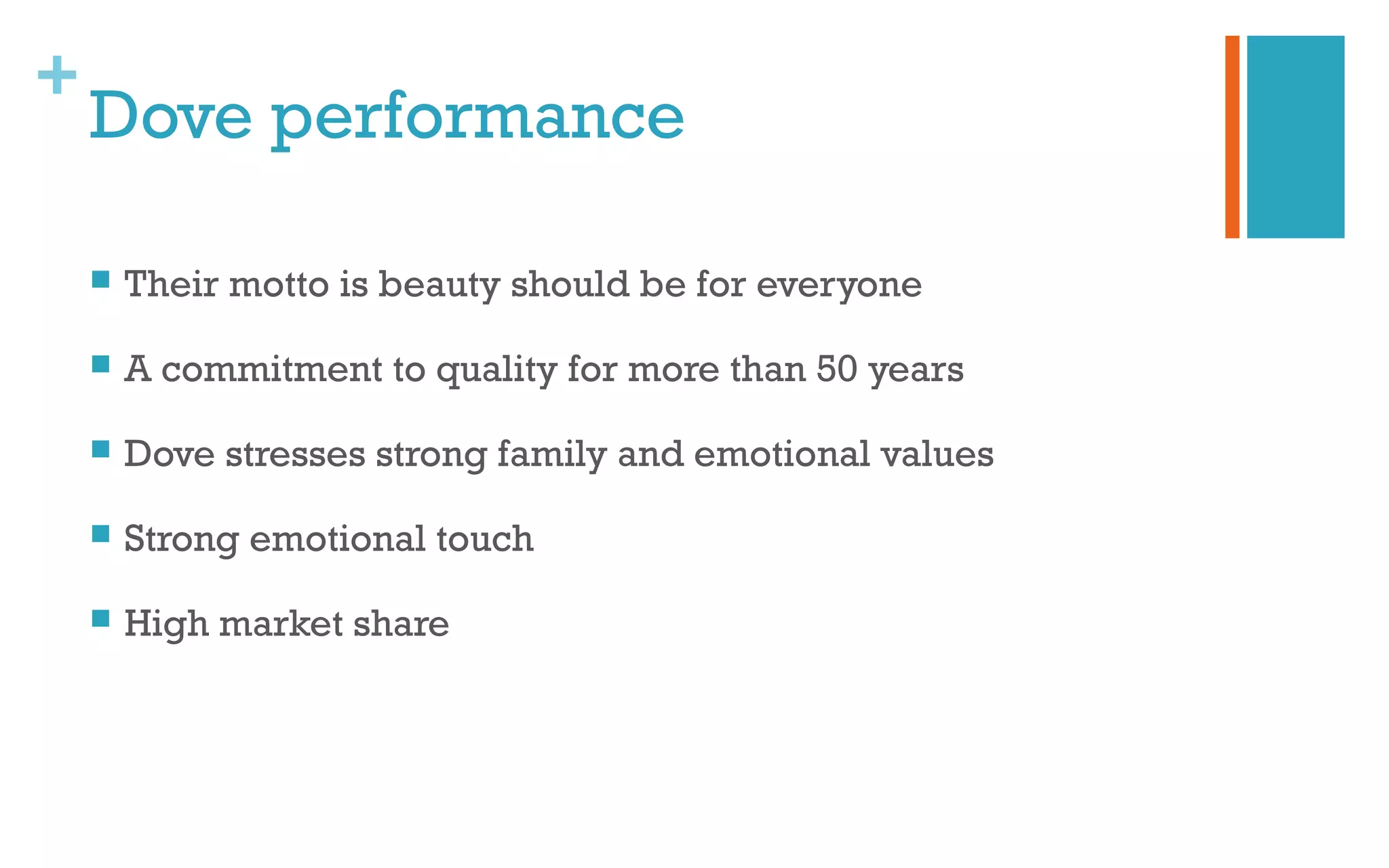 +
Dove performance
 Their motto is beauty should be for everyone
 A commitment to quality for more than 50 years
 Dove stresses strong family and emotional values
 Strong emotional touch
 High market share
 