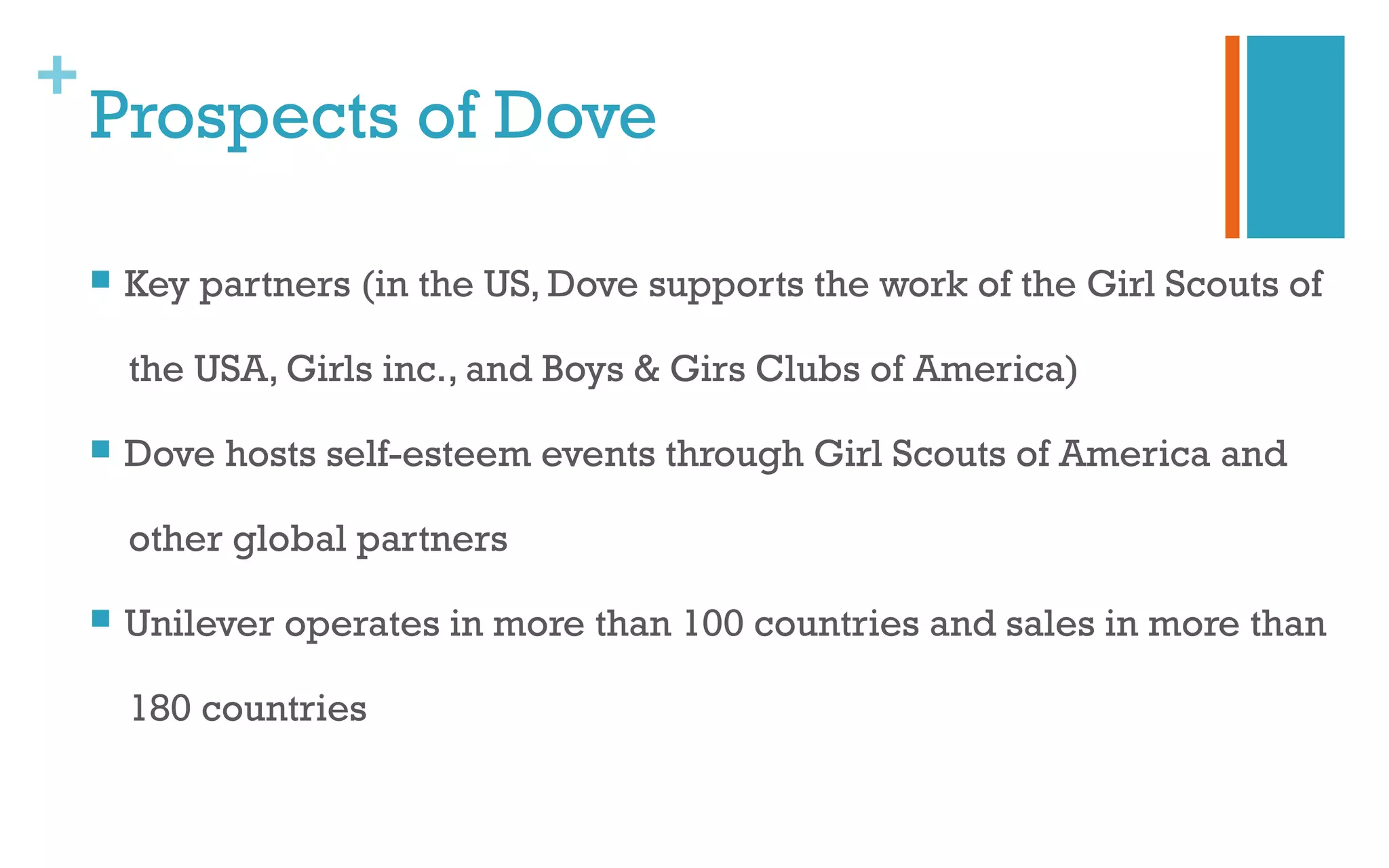 +
Prospects of Dove
 Key partners (in the US, Dove supports the work of the Girl Scouts of
the USA, Girls inc., and Boys & Girs Clubs of America)
 Dove hosts self-esteem events through Girl Scouts of America and
other global partners
 Unilever operates in more than 100 countries and sales in more than
180 countries
 