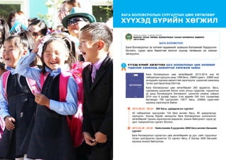 29
ШИНЭЧЛЭЛ, ШИЙДЭЛ, АМЖИЛТ 2015
БАГА БОЛОВСРОЛ:
Бага боловсролыг эх хэлний чадамжийг эзэмших боломжийг бүрдүүлэн	
бүтээлч, сурах арга барилтай монгол хүүхэд төлөвших үе хэмээн
хөгжүүлнэ.
Улсын их хурлын 12 дугаар тогтоол
МОНГОЛ УЛСЫН ТӨРӨӨС БОЛОВСРОЛЫН ТАЛААР БАРИМТЛАХ БОДЛОГО
(2014-2024)
хүүхЭд БҮРИЙГ хөгжүүлэх бага боловсролын цөм хөтөлбөр
үндэсний хэмжээнд амжилттай хэрэгжиж байна
1
Бага боловсролын цөм хөтөлбөрийг 2012-2014 онд 40
лаборатори сургууль дээр 1398 багш, 29800 сурагч, 20860 эцэг
эхчүүдийн хүрээнд амжилттай хэрэгжүүлж, үндэсний хэмжээнд
түгээн дэлгэрүүлэхэд бэлтгэв.
Бага боловсролын цөм хөтөлбөрийг 283 эрдэмтэн, багш,
судлаачид үндэсний болон олон улсын судалгаа, туршилтын
үр дүнд боловсруулж Боловсрол, шинжлэх ухааны сайдын
2014 оны 6 дугаар сарын 3-ны өдрийн 240 тоот тушаалаар
батлагдан 756 сургуулийн 13817 багш, 229800 сурагчийн
хүрээнд хэрэгжүүлж байна.
2013.09.22 - 09.24 204 багш, удирдлагын сургалт
40 лаборатори сургуулийн 124 бага ангийн багш, 80 удирдлагууд
оролцсон. Хүүхэд бүрийг хөгжүүлэх бага боловсролын шинэчилсэн
хөтөлбөрийг туршин хэрэгжүүлэх мэдээлэл, зохион байгуулалт, хүрэх үр
дүнг тодорхойлсон сургалт боллоо.
2013.03.20 - 03.30 Нийслэлийн 9 дүүргийн 3000 бага ангийн багшийн
сургалт
Бага боловсролын сургалтын цөм хөтөлбөрийн үр дүн, сайн туршлагыг
түгээн дэлгэрүүлэх сургалтыг 23 сургагч багш, 6 бүсээр 3000 багшийн
хүрээнд зохион байгуулсан.
бага боловсролын сургалтын цөм хөтөлбөр
ХҮҮХЭД БҮРИЙН ХӨГЖИЛ
 