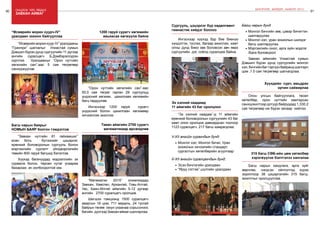 90 Онцлох үйл явдал 91
ШИНЭЧЛЭЛ, ШИЙДЭЛ, АМЖИЛТ 2015
“Завхан нутгийн 81 гайхамшиг”
есөн боть бүтээлийг цэцэрлэг,
ерөнхий боловсролын сургууль болон
мэргэжлийн сургалт үйлдвэрлэлийн
төвийн 800 гаруй багшид бэлэглэв.
Хүүхэд багачуудад мэдээллийн эх
сурвалж болох, төрсөн нутаг усаараа
бахархах ач холбогдолтой юм.
завхан аймаг
Багш нарын баярыг
номын баяр болгон тэмдэглэв
“Өсвөрийнморинхуур-IV”уралдааны
“Гранпри” шагналыг Улиастай сумын
Дэвшил бүрэн дунд сургуулийн 11 дүгээр
ангийн суралцагч Б.Дэмбэрэлсүрэн
хүртлээ. Уралдааныг “Орон нутгийн
хөгжлийн сан”-аас 5 сая төгрөгөөр
санхүүжүүлэв.
“Өсвөрийн морин хуурч-IV”
уралдаан зохион байгууллаа
“Орон нутгийн хөгжлийн сан”-аас
50,0 сая төгрөг гарган 29 сургуульд
үндэсний хөгжим, цахилгаан хөгжмийн
багц гардуулав.
Ингэснээр 1200 гаруй сурагч
үндэсний болон цахилгаан хөгжмөөр
хичээллэж эхэллээ.
1200 гаруй сурагч хөгжмийн
авьяасаа хөгжүүлж байна
“Математик 2015” олимпиадад
Завхан, Хөвсгөл, Архангай, Говь-Алтай,
Увс, Баян-Өлгий аймгийн 5-12 дугаар
ангийн 2700 суралцагч оролцов.
Шигшээ тэмцээнд 1500 суралцагч
аваргын 18 цом, 711 медаль, 24 тусгай
байрын төлөө оюун ухаанаа сорьсоноос
багийн дүнгээрЗавханаймагшалгарлаа.
Таван аймгийн 2700 сурагч
математикаар өрсөлдлөө
Эх хэлний наадамд
11 аймгийн 43 баг оролцлоо
Ингэснээр хүүхэд бүр бие биенээ
хүндэтгэх, туслах, багаар ажиллах, хамт
олны дунд биеэ зөв боловсон авч явах
сургуулийн дэг, соёлд суралцаж байна.
Сургууль, цэцэрлэг бүр хөдөлгөөнт
гимнастик хийдэг боллоо
“Эх хэлний наадам”-д 11 аймгийн
ерөнхий боловсролын сургуулийн 43 баг
хамт олон оролцож давхардсан тоогоор
1123 суралцагч, 217 багш хамрагдлаа.
V-XII ангийн сурагчдын дунд:
•	Монгол хэл, Монгол бичиг, Уран
зохиолын хичээлийн стандарт,
сургалтын хөтөлбөрийн агуулгаар
X-XII ангийн суралцагчдын дунд:
•	Эсээ бичлэгийн уралдаан
•	“Яруу сэтгэе” шүлгийн уралдаан
Багш нарын дунд
•	Монгол бичгийн зөв, цэвэр бичигтэн
шалгаруулах
•	Монгол хэл, уран зохиолын шилдэг
багш шалгаруулах
•	Мэргэжлийн онол, арга зүйн мэдлэг
/Бага боловсрол/
Завхан аймгийн Улиастай сумын
Дэвшил бүрэн дунд сургуулийн монгол
хэл,бичгийнбагтэргүүнбайрандшалгарч
цом ,1.0 сая төгрөгөөр шагнагдлаа.
Багш нарын хандлага, арга зүйг
өөрчлөх, нэгдсэн ойлголтод хүрэх
зорилгоор 38 цэцэрлэгийн 315 багш,
ажилтныг оролцууллаа.
315 багш СӨБ-ийн цөм хөтөлбөр
хэрэгжүүлэх бэлтгэлээ хангалаа
Олон улсын байгууллага, төсөл
хөтөлбөр, орон нутгийн хамтарсан
санхүүжилтээр дотуур байруудад 1,330.2
сая төгрөгөөр иж бүрэн засвар хийлээ.
Хүүхдийн сурч, амьдрах
орчин сайжирлаа
 