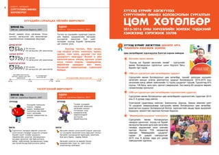 8
бодлого - хэрэгжилт
9
сургуулийн өмнөх
боловсрол
ШИНЭЧЛЭЛ, ШИЙДЭЛ, АМЖИЛТ 2015
ХҮҮХДИЙН СУРАЛЦАХ ҮЙЛИЙН ӨӨРЧЛӨЛТ
Өмнө нь
СӨБ-ын сургалтын бодлого, 2007
Одоо
СӨБ-ын сургалтын бодлого, 2013
Ихийг заавал илүү хөгжинө. Олон
хичээл, хөгжүүлэх үйл ажиллагааг
нарийвчилсан хуваариар явуулдаг.
Тоглох нь хүүхдийн суралцах үндсэн
үйл байна. Цэцэрлэгийн багшийн
хүүхэдтэй ажиллаж буй нийт
хугацааг хүүхэд бүрийг хөгжүүлэх
цаг хэмээн үзнэ.ДУНД БҮЛЭГ
36 хичээл
54 хөгжүүлэх үйл ажиллагаа540/
жилд
АХЛАХ БҮЛЭГ
48 хичээл
72 хөгжүүлэх үйл ажиллагаа720/
жилд
БЭЛТГЭЛ БҮЛЭГ
60 хичээл
90 хөгжүүлэх үйл ажиллагаа900/
жилд
08:00 12:00 17:00
БАГШИЙН БЭЛТГЭСЭН
ХИЧЭЭЛ, ХӨГЖҮҮЛЭХ ҮЙЛ
АЖИЛЛАГАА
АЧ ХОЛБОГДОЛ
БАГАТАЙ ЦАГ
	Хүүхэд тоглох, бие засах,
гар нүүрээ угаах, хооллох, зурах,
урлах, ном үзэх, дуулах гэх мэт
цэцэрлэгт явагддаг бүхий л үйл
ажиллагааны явцад орчноо улам
илүү танин мэдэж, чадваржиж,
өөрийгөө удирдан авч явах,
бусадтай харилцахад суралцаж
байдаг.
08:00 17:00
ХҮҮХЭД БҮРИЙГ ХӨГЖҮҮЛЭХ ЦАГ
ҮНЭЛГЭЭНИЙ ӨӨРЧЛӨЛТ
Өмнө нь
СӨБ-ын сургалтын бодлого, 2007
Одоо
СӨБ-ын сургалтын бодлого, 2013
ХҮҮХЭД
Хүүхдийн эзэмшсэн
мэдлэг, чадвар,
дадал, төлөвшлийг
сургалтын явц болон
эцэст хөгжлийн
ахисан түвшингээр нь
үнэлнэ.
ХҮҮХЭД
Тухайн хүүхдийн
онцлогийг илрүүлэх,
хөгжлийн ахицыг
тогтоохын тулд
шаардлагатай
мэдээллүүдийг
цуглуулж,
баримтжуулна.
БАГШ БАГШ
Сургалтын чанарын өөрийн үнэлгээг
үнэлгээний стандарт үндэслэн улирал
бүрийн эцэст тухайн цэцэрлэг,
хөндлөнгийн үнэлгээг боловсролын
асуудал эрхэлсэн төв байгууллага,
аймаг, нийслэлийн боловсролын газар,
эрх бүхий бусад байгууллага хийнэ.
Багшийн ажлын үнэлгээний үндсэн шалгуур
нь хүүхдийн хөгжлийн ахиц өөрчлөлт болон
багшийн хүүхдүүдтэй харилцаж, ажиллаж
буй арга барил, чадвар байна.
Багшийн үнэлгээ нь өөрийн болон
хөндлөнгийн (эцэг эх, хамт олон)
үнэлгээгээр хийгдэнэ.
ХҮҮХЭД БҮРИЙГ ХӨГЖҮҮЛЭХ
Сургуулийн өмнөх боловсролын сургалтын
ЦӨМ ХӨТӨЛБӨР
2015-2016 оны хичээлийн жилээс ҮНДЭСНИЙ
ХЭМЖЭЭНД ХЭРЭГЖИж эхлэв
хүүхЭд БҮРИЙГ хөгжүүлэх шинэлэг арга,
технологи хэрэгжиж эхэллээ
1
Багшийн гарын авлага
“Хүүхэд нэг бүрийн хөгжлийн төлөө!” - сургуулийн
өмнөх боловсролын сургалтын шинэ бодлого багш
бүрийн гарт хүрэв.
СӨБ-ын сургалтын цөм хөтөлбөрийн туршилт
Сургуулийн өмнөх боловсролын цөм хөтөлбөр, түүнийг дагалдах хүүхдийн
хөгжлийн ахицыг үнэлэх ажиглалтын хуудсыг боловсруулж, 2014-2015 оны
хичээлийн жилд аймаг, нийслэлийн 12 түшиц цэцэрлэгт туршив. Туршилтад 673
хүүхэд, 138 багш, арга зүйч, эрхлэгч хамрагдлаа. Энэ ажилд 60 цэцэрлэг өөрийн
санаачлагаар оролцлоо.
СӨБ-ын сургалтын цөм хөтөлбөрийн хэрэгжилтийн судалгаа
Сургуулийн өмнөх боловсролын цөм хөтөлбөрийн хэрэгжилтийн судалгааг 2015
оны 5, 6 дугаар сард хийлээ.
Үнэлгээний судалгаанд нийслэл, Баянхонгор, Дорнод, Завхан аймгийн нийт
16 цэцэрлэг хамрагдсанаар сургуулийн өмнөх боловсролын цөм хөтөлбөр,
ажиглалтын хуудсыг боловсронгуй болгох, хэрэгжилтийн явцад гарах эрсдэлийг
бууруулж, амжилттай хэрэгжих боломж бүрдлээ.
“Мөрөөдлийн цэцэрлэг” нэвтрүүлэг
Сургуулийн өмнөх боловсролын
чанарын шинэчлэл, хүүхэд нэг бүрийг
хөгжүүлэх багшийн арга зүйн хөгжлийн
талаарх мэдээллийг олон нийтийн
хүртээл болгож, TV5 телевизтэй
хамтран “Мөрөөдлийн цэцэрлэг”
сэдэвт 20 цуврал нэвтрүүлгийг
2015 оны 8 дугаар сард улс даяар
нэвтрүүлгийг хүргэлээ.
Цөм хөтөлбөрийг хэрэгжүүлэх бэлтгэл хэрхэн хийгдэв.
 