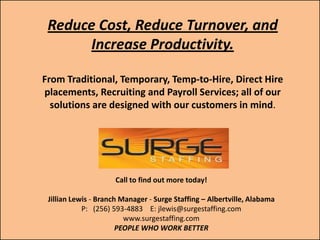 Reduce Cost, Reduce Turnover, and
      Increase Productivity.

From Traditional, Temporary, Temp-to-Hire, Direct Hire
placements, Recruiting and Payroll Services; all of our
  solutions are designed with our customers in mind.




                     Call to find out more today!

 Jillian Lewis - Branch Manager - Surge Staffing – Albertville, Alabama
            P: (256) 593-4883 E: jlewis@surgestaffing.com
                         www.surgestaffing.com
                       PEOPLE WHO WORK BETTER
 
