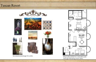 Tuscan Resort
Accessory package for suites
King suite joined to a double suite
through the living room area
 