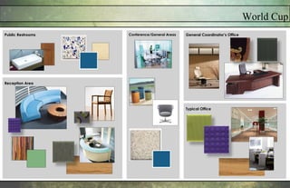 Public Restrooms General Coordinator’s Office
Reception Area
Conference/General Areas
Typical Office
World Cup
 