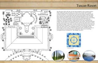 Tuscan Resort
The Site plan starts with the circular drive leading to the covered portico.
After walking through the lobby you enter onto a patio that includes
outdoor seating for the restaurant as well as extra areas for guests to get
out of the warm sun and enjoy the view with some shade. The next thing
that captures the guests eyes are the quatrefoil planters found on either
side of the patio showcasing ancient pots with soothing sounds of bubbling
water. The center quatrefoil is a small water fountain that starts the
overflow of one into the other. These lead into the main quatrefoil that
makes the vast infinity pool that fades off into the ocean. The pool features
a swim up bar which is an extension of the outdoor bar area and a custom
tile lining the edge of the pool. Located nearby are three hot tubs that can
be enjoyed by the guests. If those do not meet their relaxation needs then
they can head over to the massage pavilions for a massage with the
extravagant ocean views. Added lounge areas with oversized furniture, a
picnic patio for casual dining, and a relaxation deck for sun bathing
complete the rich outdoors of “The Villagio Tuscano”.
Custom Pool Tile
 