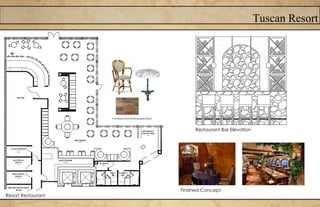 Tuscan Resort
Restaurant Bar Elevation
Resort Restaurant
Furniture and flooring specified
Finished Concept
 