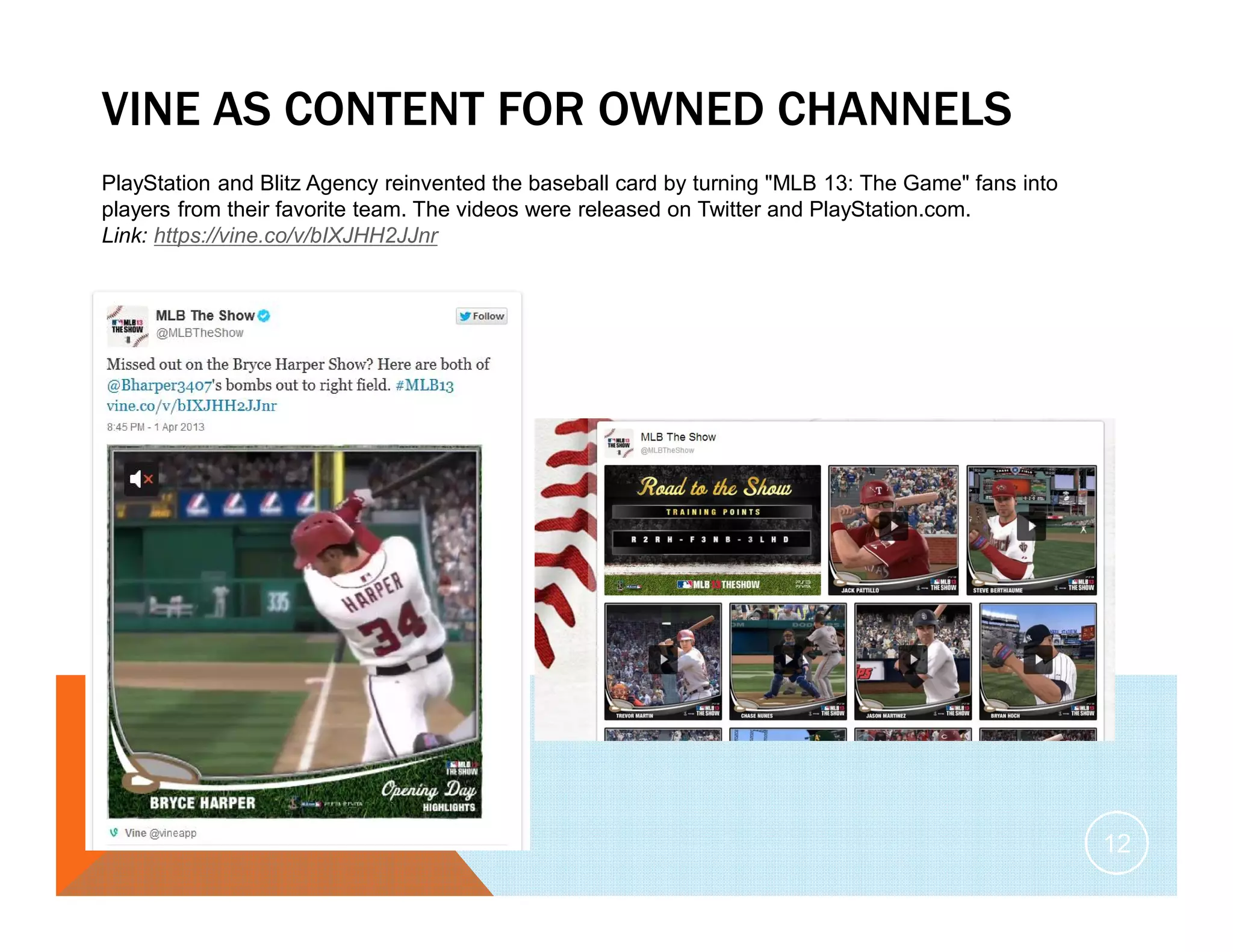 VINE AS CONTENT FOR OWNED CHANNELS
PlayStation and Blitz Agency reinvented the baseball card by turning "MLB 13: The Game" fans into
players from their favorite team. The videos were released on Twitter and PlayStation.com.
Link: https://vine.co/v/bIXJHH2JJnr
12
 